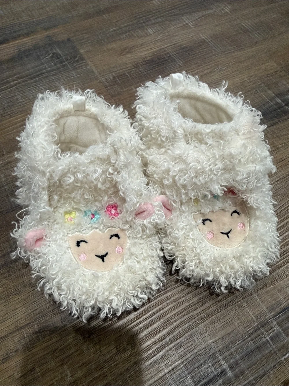 Cream Lamb Plush Kids Slippers with Embroidered Face